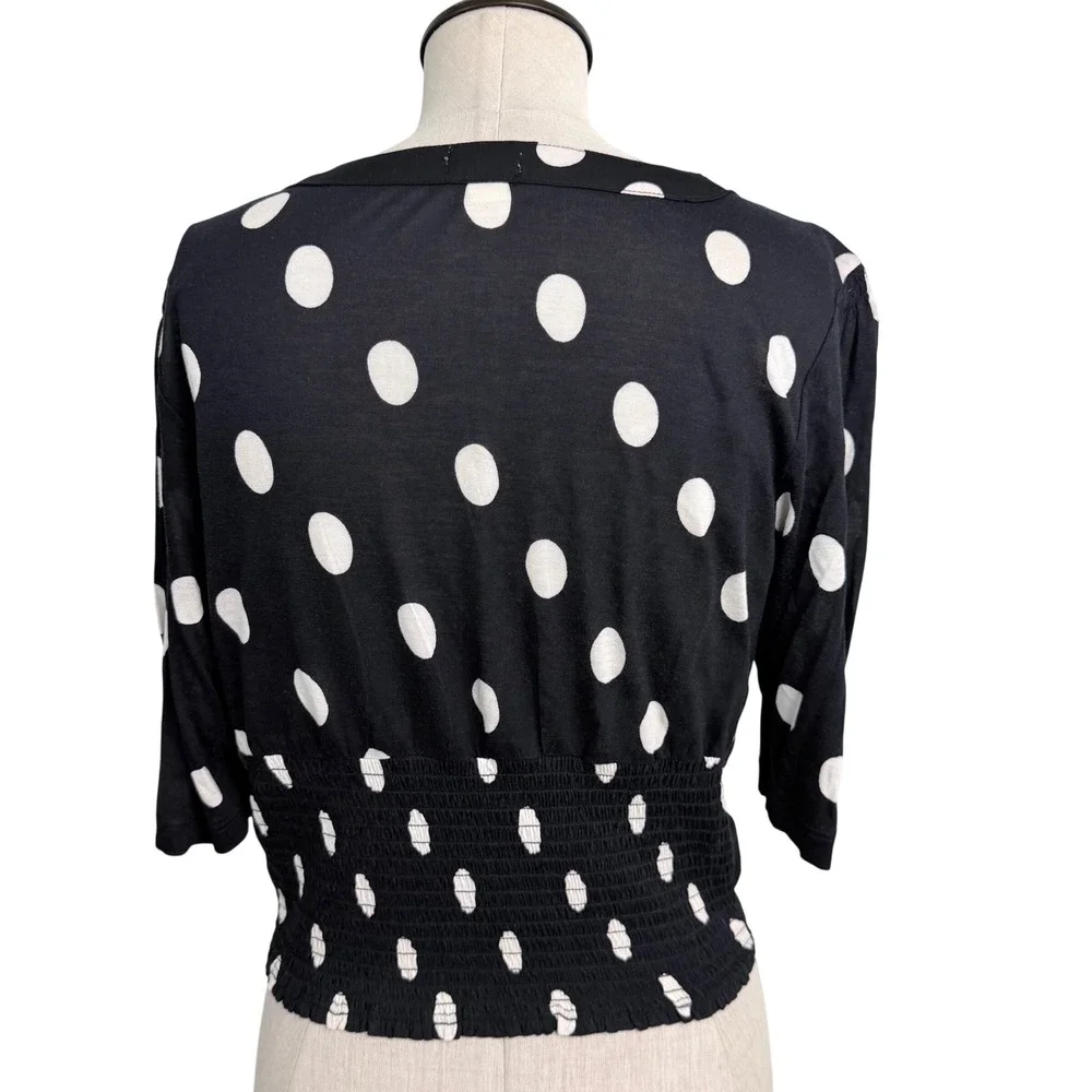 Anthropologie‎ Tiny Polka Dot Smocked Waist V-Neck Blouse Black White Size S